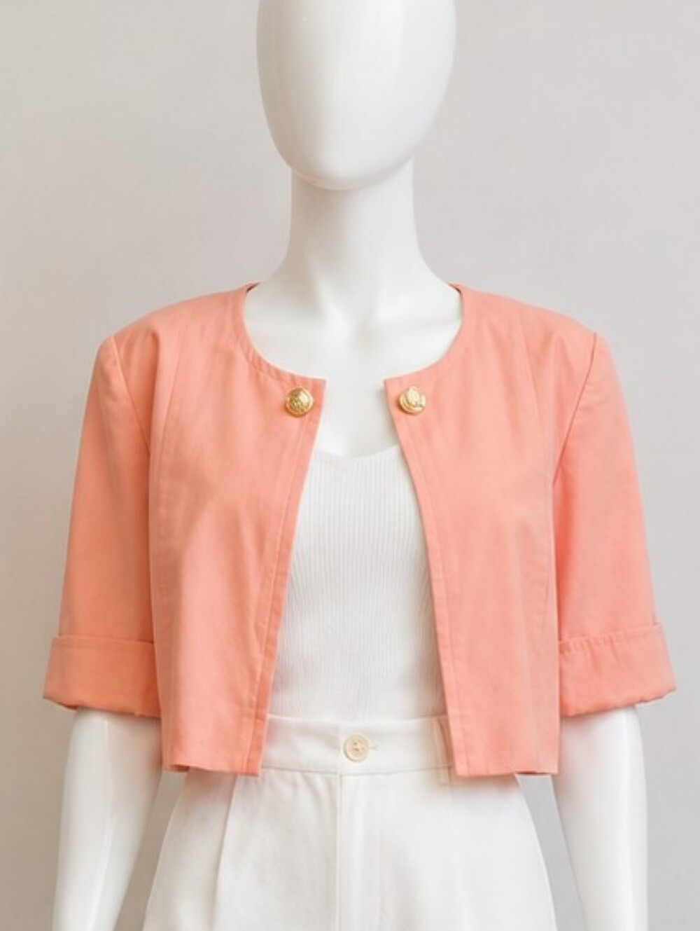 Laurel by Escada Vintage Peach Cropped Bolero Jacket - Gold Button Detail Sz 12
